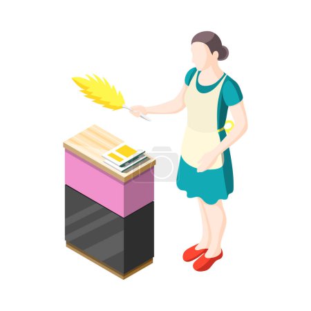 Téléchargez les illustrations : Femme au foyer isométrique faisant l'illustration vectorielle d'icône 3d poussiéreuse - en licence libre de droit