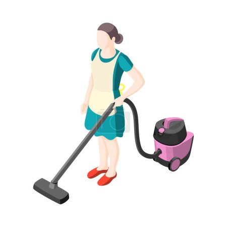 Ilustración de Icono isométrico de la ama de casa con la mujer usando vaccum limpiador 3d vector ilustración - Imagen libre de derechos