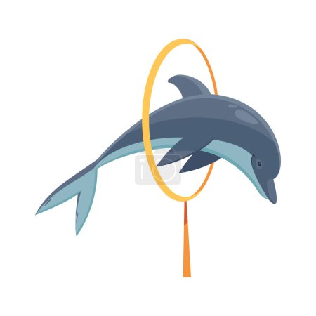 Téléchargez les illustrations : Illustration vectorielle plate de saut de dauphin à travers anneau - en licence libre de droit