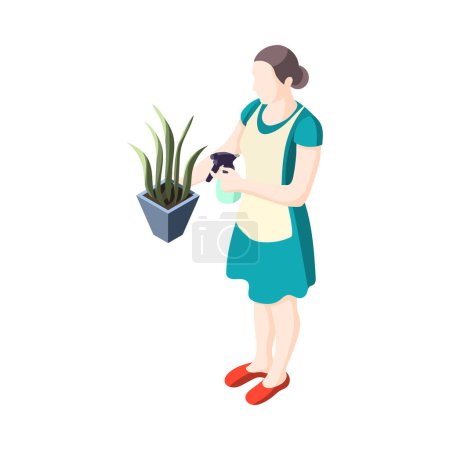Téléchargez les illustrations : Femme au foyer isométrique dans le tablier s'occupant de la plante en pot illustration vectorielle 3d - en licence libre de droit