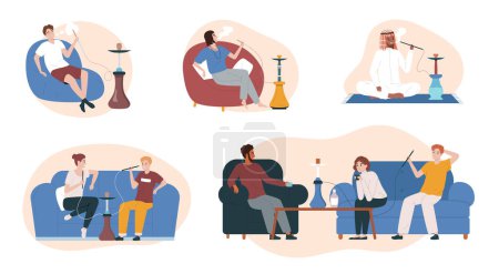 Illustration for Five isolated hookah bar flat icon set with people of different genders and ages smoke vector illustration - Royalty Free Image