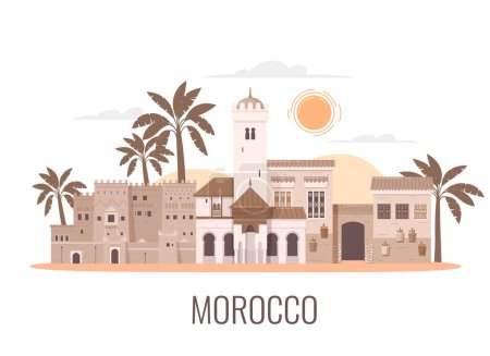 Téléchargez les illustrations : Maroc tourisme voyage plat composition avec vue isolée des bâtiments d'architecture traditionnelle palmiers ciel et illustration vectorielle de texte - en licence libre de droit