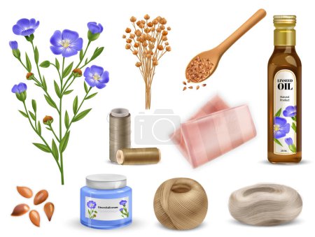 Illustration for Realistic flax icons set with flowers oil and cosmetic products isolated vector illustration - Royalty Free Image
