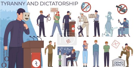 Illustration for Dictatorship politic flat compositions with text and human characters of caught protesters with freedom prohibition icons vector illustration - Royalty Free Image