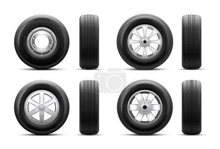Ilustración de Vista frontal y lateral de las ruedas del coche con varios discos realista conjunto sobre fondo blanco ilustración vectorial aislado - Imagen libre de derechos
