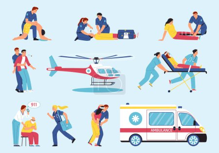Illustration for First aid flat icons set with paramedics helping people in emergency situations isolated vector illustration - Royalty Free Image