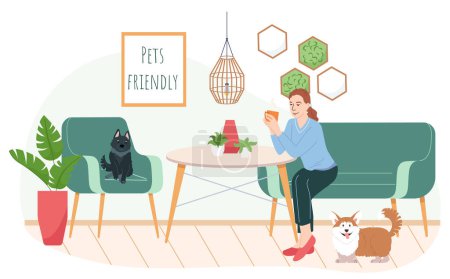 Illustration for Pet friendly interior concept with cafe meal and dog symbols flat vector illustration - Royalty Free Image