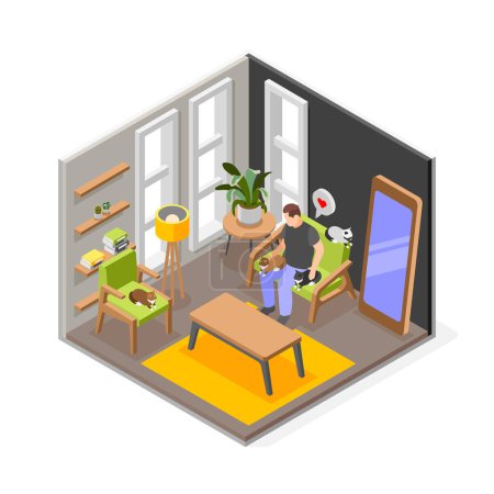 Illustration for Overweight man spending time at home with cats isometric composition 3d vector illustration - Royalty Free Image