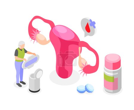 Síntomas de menopausia composición isométrica con la mujer deja de menstruar ilustración vector