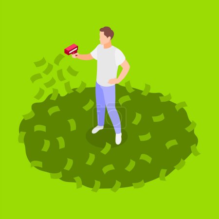 Illustration for Excess spending isometric background with composition of male character holding blow dryer surrounded by flying banknotes vector illustration - Royalty Free Image