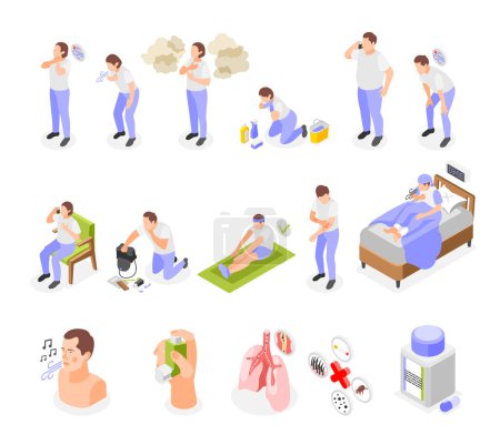 Illustration for Asthma symptoms and treatment set of isolated icons with isometric characters of patient representing sickness syndromes vector illustration - Royalty Free Image