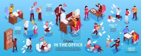 Illustration for Isometric office chaos infographics with set of isolated compositions showing workers in heavy mess with text vector illustration - Royalty Free Image