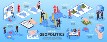 Isometrische Geopolitik-Infografiken mit Text und isolierten Symbolen der Erdkugel-Territorien Vereinbarungen und Politiker-Charaktere Vektorillustration