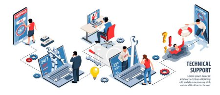 Illustration for Technical support infographics with hotline operators talking with clients by phone or in chat isometric vector illustration - Royalty Free Image