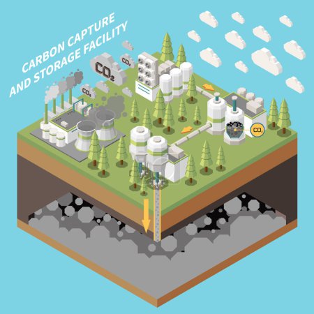 Illustration for Carbon capture storage sequestration technology isometric composition with isolated view of factory facilities for capturing co2 vector illustration - Royalty Free Image