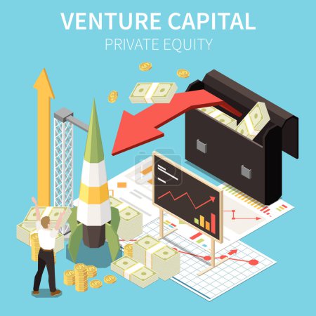 Illustration for Venture capital isometric composition of text and icons of rocket with stacks of money and briefcase vector illustration - Royalty Free Image