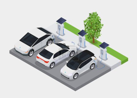Ilustración de Concepto isométrico del transporte electromóvil con los coches eléctricos que cargan en la ilustración pública del vector de la estación - Imagen libre de derechos