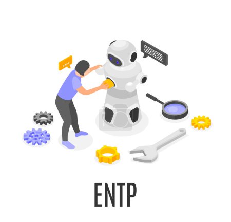 Illustration for Isometric entp mbti type composition with creative female character fixing robot 3d vector illustration - Royalty Free Image