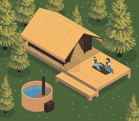 Illustration for Isometric glamping composition with forest background and wooden house with pool and loving couple on porch vector illustration - Royalty Free Image