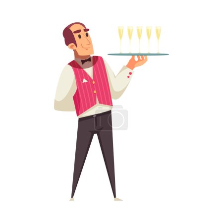 Téléchargez les illustrations : Serveur en uniforme plateau de maintien avec verres de champagne dessin animé vecteur illustration - en licence libre de droit