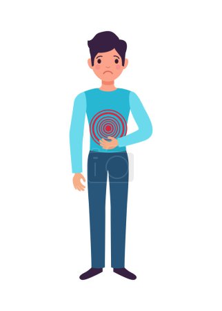 Téléchargez les illustrations : Icône symptôme de gastrite avec l'homme souffrant de maux d'estomac illustration vectorielle - en licence libre de droit