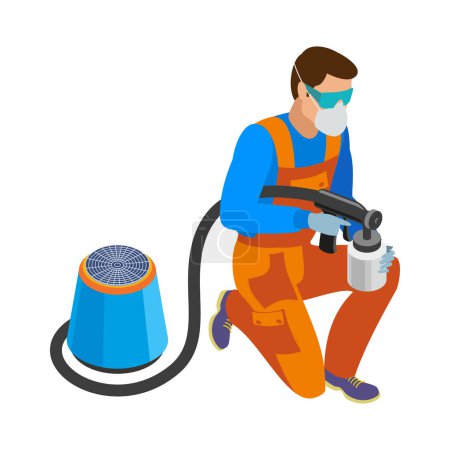 Illustration for Auto service mechanic wearing protective mask during work isometric icon 3d vector illustration - Royalty Free Image