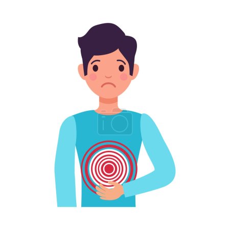 Téléchargez les illustrations : Symptôme de gastrite icône plate avec l'homme souffrant de maux d'estomac illustration vectorielle - en licence libre de droit