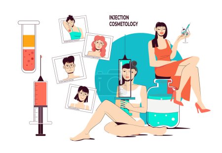 Illustration for Injection cosmetology flat vector illustration with people having skin problems or improving face with beauty injections - Royalty Free Image