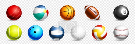Ilustración de Bola de deporte realista icono transparente conjunto de baloncesto fútbol playa rugby tenis golf bolos bolas de billar vector ilustración - Imagen libre de derechos