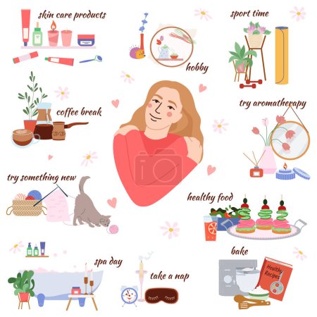 Illustration for Self care composition with hobby symbols flat isolated vector illustration - Royalty Free Image