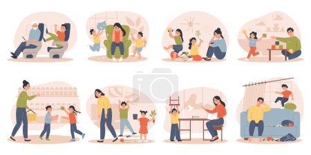 Illustration for Hyperactive child set with adhd symbols flat isolated vector illustration - Royalty Free Image