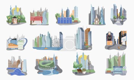 Illustration for Megapolis city set with architecture symbols flat isolated vector illustration - Royalty Free Image