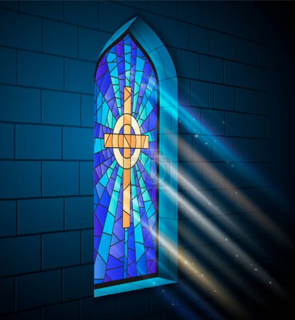 Illustration for Stained glass mosaic church temple cathedral windows light composition with indoor view of window with cross vector illustration - Royalty Free Image