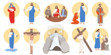 Illustration for Jesus christ life flat set isolated on white background vector illustration - Royalty Free Image