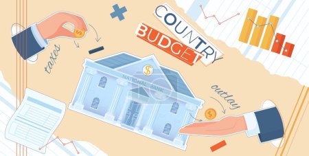 Ilustración de Presupuesto país gobierno composición con collage de iconos planos gráficos de barras manos monedas e ilustración vector de texto - Imagen libre de derechos