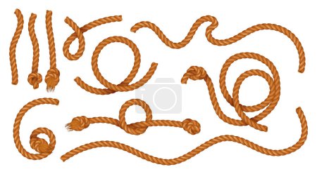 Téléchargez les illustrations : Pièces courbes de cordons de jute naturels avec nœuds d'attelage de clou de girofle isolés à l'illustration vectorielle de fond blanc - en licence libre de droit