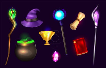 Illustration for Wizard staff realistic set of alchemy book witch cauldron with magical potion magician hat at black background isolated vector illustration - Royalty Free Image