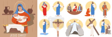 Illustration for Jesus christ life from birth to resurrection flat composition set isolated vector illustration - Royalty Free Image