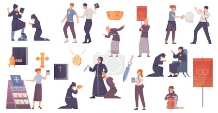 Illustration for Sect cult flat set with isolated icons of religious symbols books and people on blank background vector illustration - Royalty Free Image