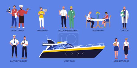 Illustration for Ship sailor flat icons set with yacht crew members isolated vector illustration - Royalty Free Image