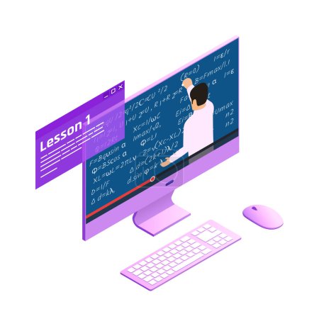 Illustration for Distance education online video lesson on computer isometric glow icon 3d vector illustration - Royalty Free Image