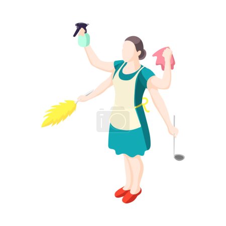 Téléchargez les illustrations : Multitâche femme au foyer avec de nombreux bras impliqués dans la cuisine et le rangement icône isométrique illustration vectorielle - en licence libre de droit