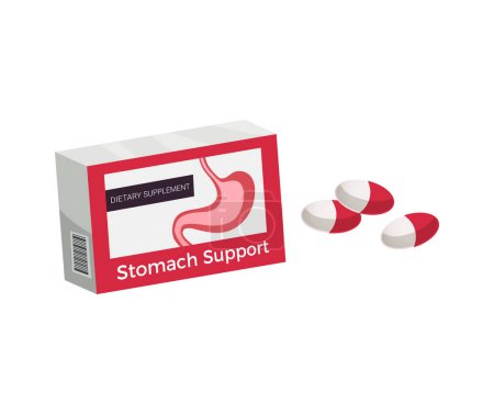 Téléchargez les illustrations : Illustration vectorielle plate de paquet de capsules de soutien d'estomac - en licence libre de droit