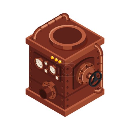 Illustration for Isometric steampunk mechanism with pressure gauges and valves 3d vector illustration - Royalty Free Image