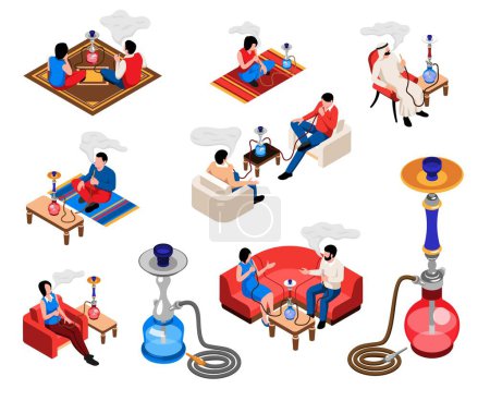 Illustration for Lounge bar isometric set of people relaxing and smoking hookah in club or cafe isolated vector illustration - Royalty Free Image