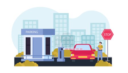 Téléchargez les illustrations : Parking appartement composition parking sécurisé dans la rue au milieu de la ville avec cabine de valet et illustration vectorielle barrière - en licence libre de droit