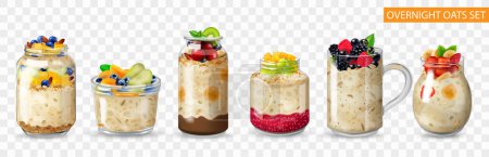 Illustration for Realistic overnight oats transparent icon set with six jars of porridge garnish of fruits and berries vector illustration - Royalty Free Image