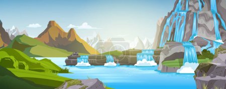 Illustration for Summer nature landscape background with mountain lake and waterfall flat vector illustration - Royalty Free Image