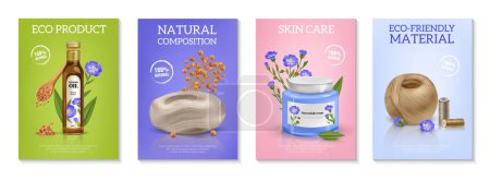 Illustration for Realistic flax poster set with natural fabric and organic skin care products isolated vector illustration - Royalty Free Image