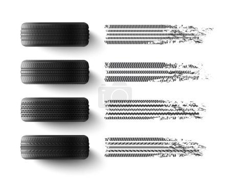 Ilustración de Neumáticos de coche con diferentes patrones de banda de rodadura protectora conjunto monocromo realista aislado en la ilustración vector de fondo blanco - Imagen libre de derechos